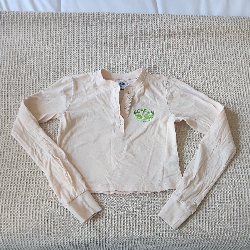 Cream Long Sleeve Henley Top with Green Logo